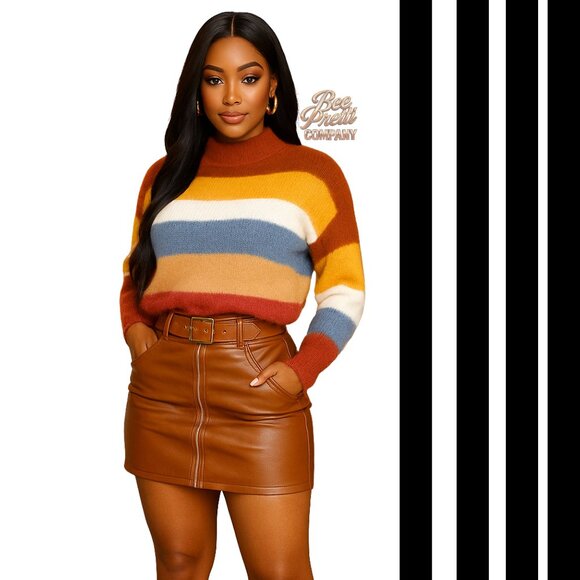 Fashion Nova Cozy Colorblock Striped Turtleneck Sweater Fall Vibes - Picture 2 of 5
